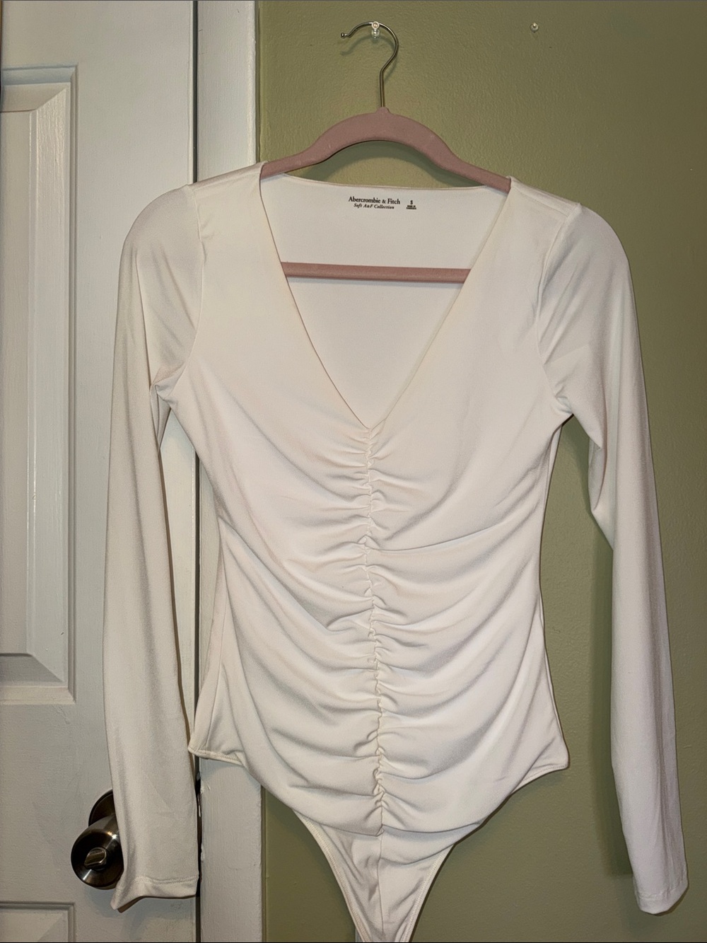 Abercrombie & Fitch Cream Ruched V-Neck Long-Sleeve Bodysuit